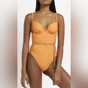 River Island Chain Detail Underwire One-Piece Swimsuit, Orange, US 6 / UK 10
